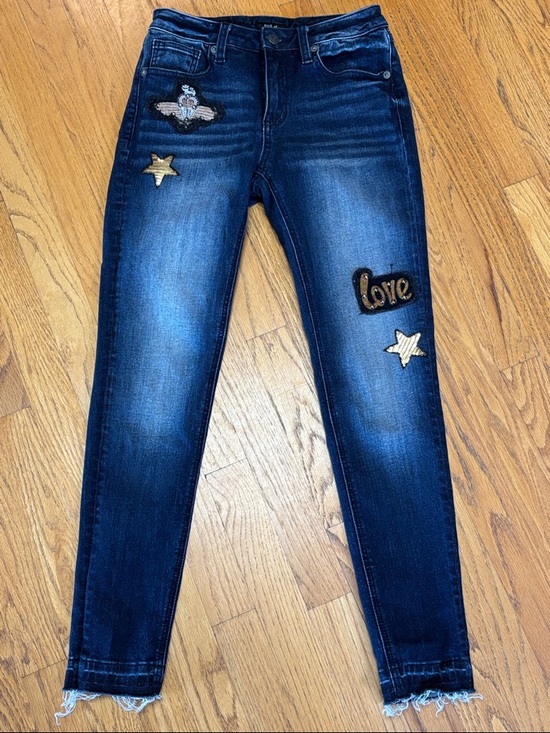 Miss Me Denim - -Miss Me Skinny Ankle 9" High Rise Dark Wash Patchwork Star Love Y2K Jean W/26